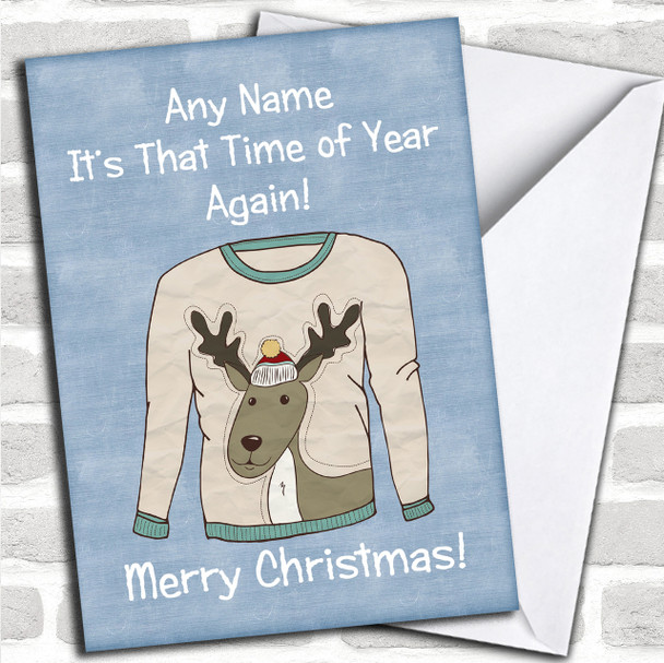 Reindeer Jumper Blue Personalized Christmas Card