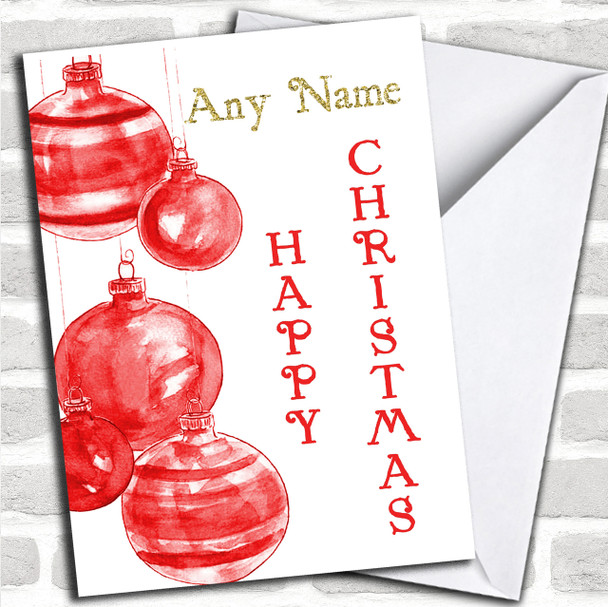 Red Watercolour Baubles Personalized Christmas Card