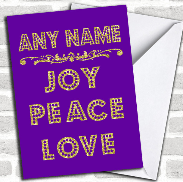 Joy Peace Love Purple Personalized Christmas Card