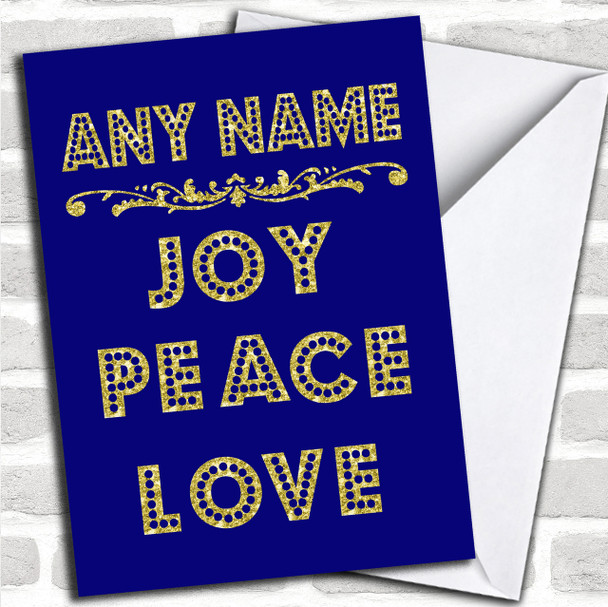 Joy Peace Love Blue Personalized Christmas Card