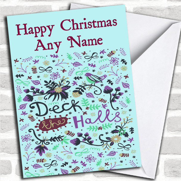 Deck The Halls Aqua Christmas Card Personalized