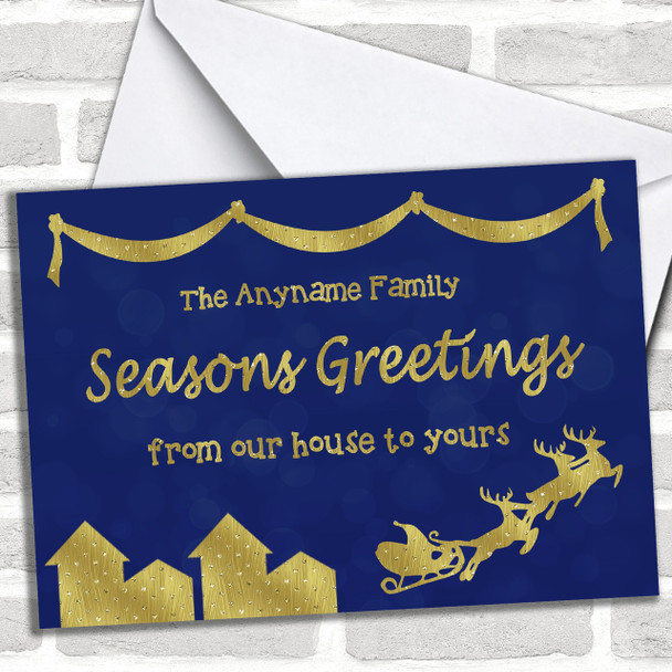 From Our House To Yours Blue Personalized Christmas Card