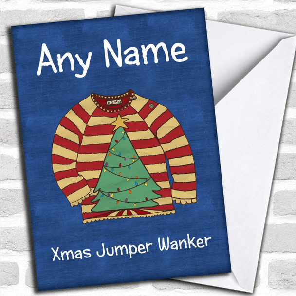 Funny Offensive Jumper Blue Personalized Christmas Card
