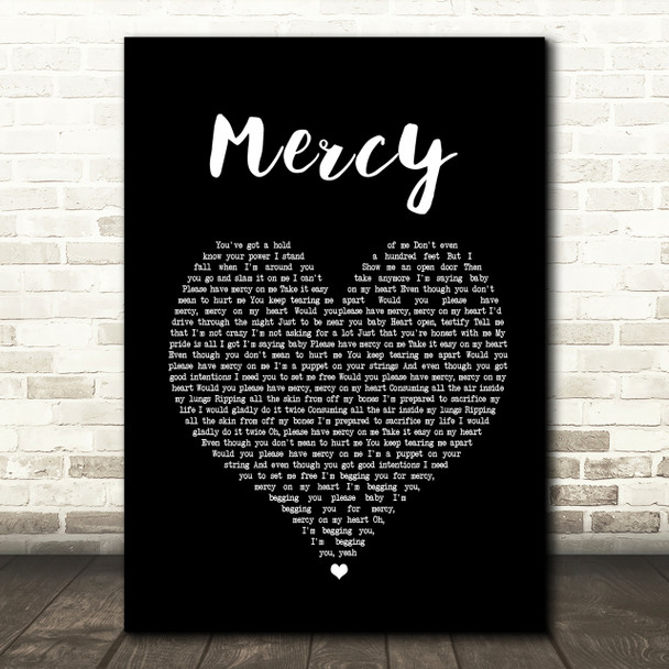 Shawn Mendes Mercy Black Heart Song Lyric Quote Print