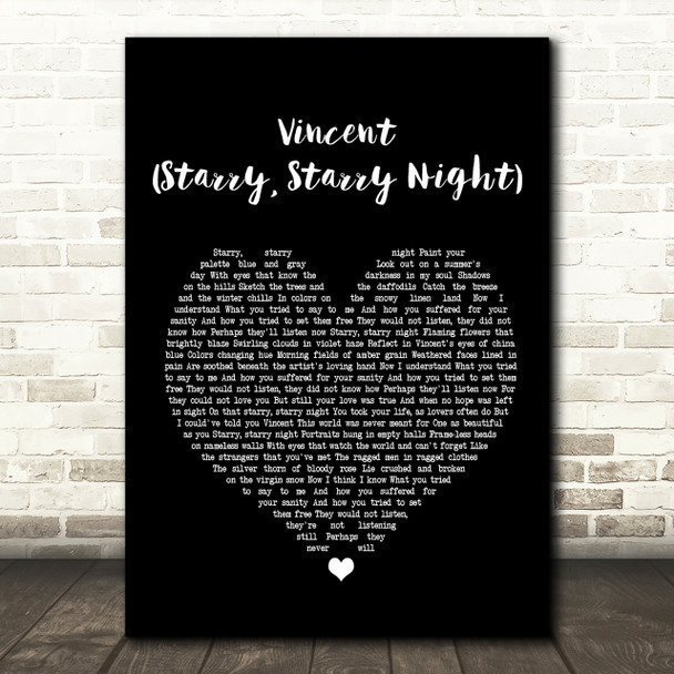 Don McLean Vincent (Starry, Starry Night) Black Heart Song Lyric Quote Print