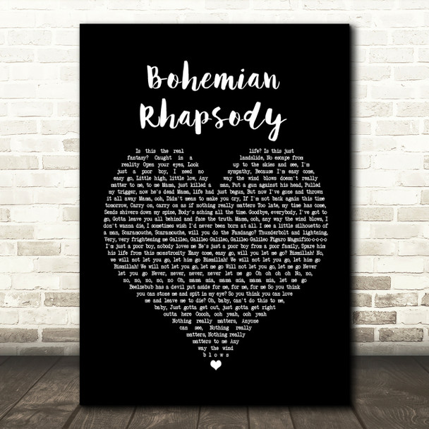 Queen Bohemian Rhapsody Black Heart Song Lyric Quote Print