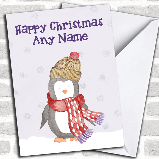 Watercolour Snowy Penguin Personalized Christmas Card