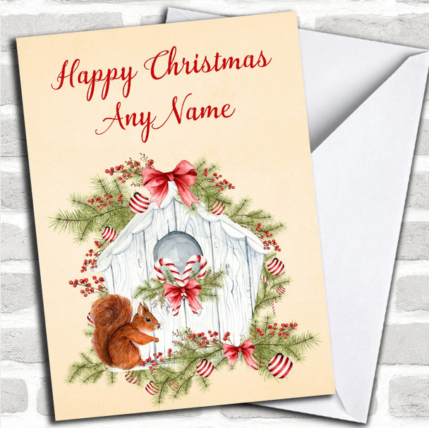 Squirrel Birdhouse Personalized Christmas Card