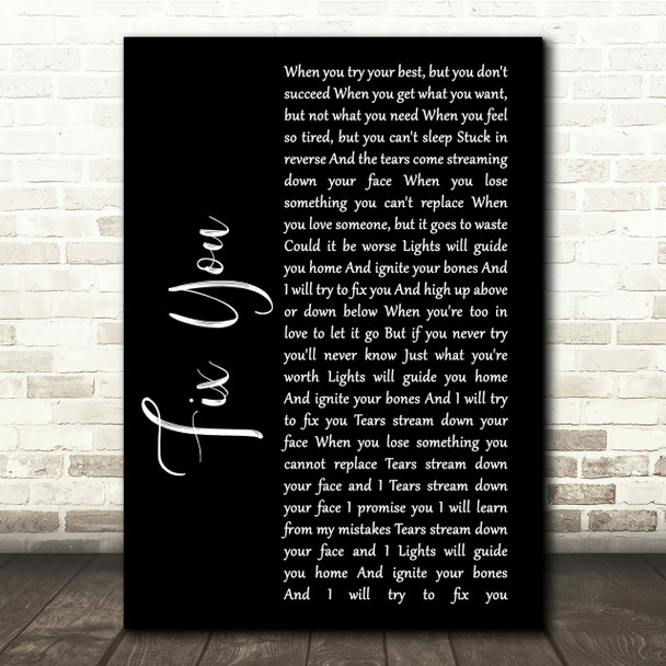 Coldplay Fix You Black Script Song Lyric Quote Print