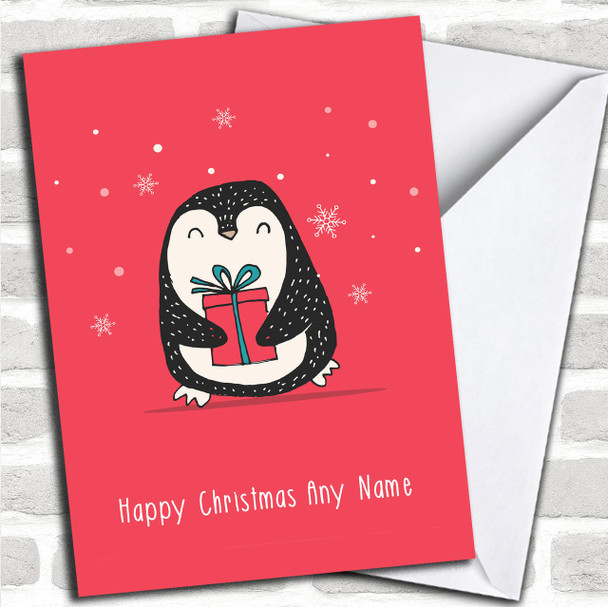 Penguin With A Present Personalized Christmas Card