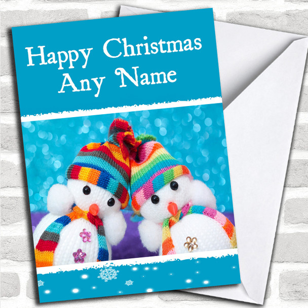 Cute Snowmen In Hats Christmas Card Personalized