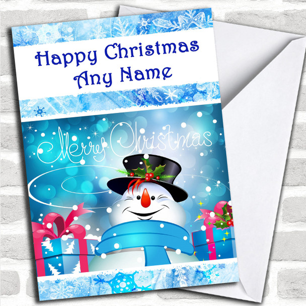 Blue Snowman In A Hat Christmas Card Personalized