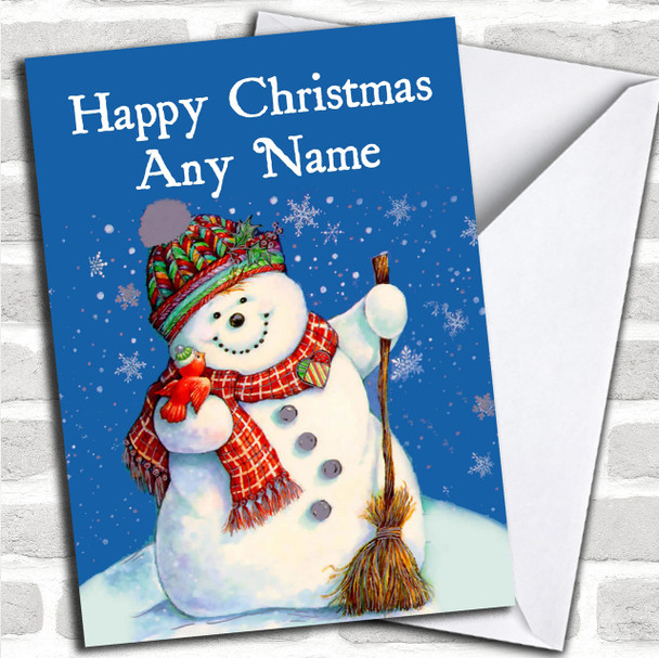 Blue Snowman Cheerful Christmas Card Personalized