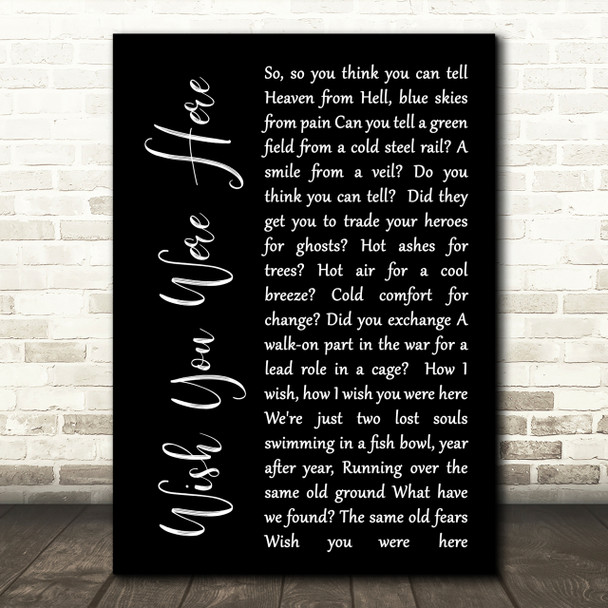 Pink Floyd Wish You Were Here Black Script Song Lyric Quote Print