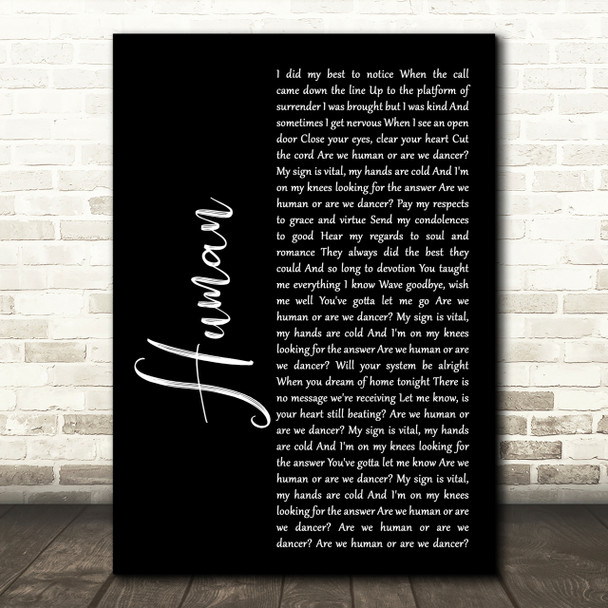 The Killers Human Black Script Song Lyric Quote Print