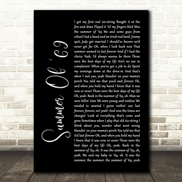 Bryan Adams Summer Of '69 Black Script Song Lyric Quote Print