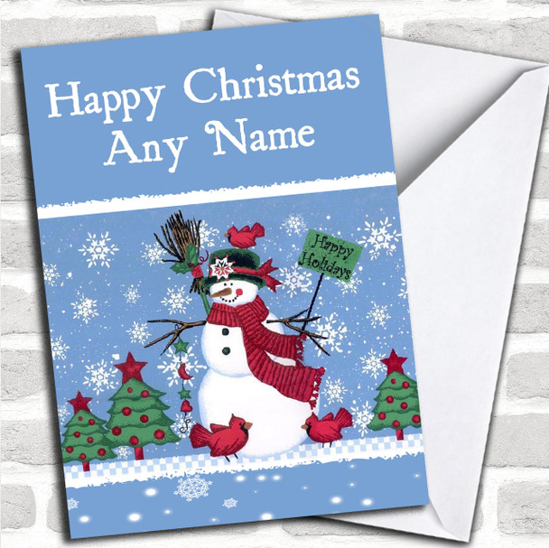 Pale Blue Snowman Christmas Card Personalized