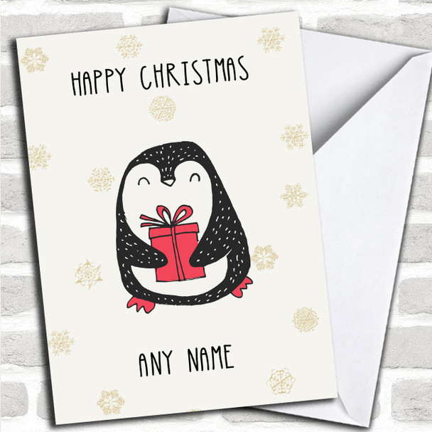 Cute Penguin With Present Personalized Christmas Card