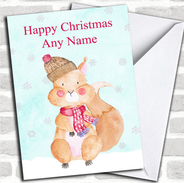 Watercolour Snowy Squirrel Personalized Christmas Card