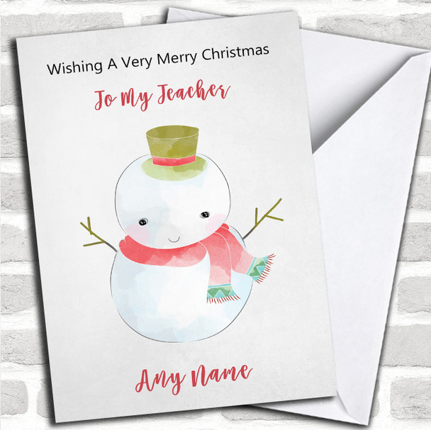Teacher Doodle Watercolour Snowman Personalized Christmas Card
