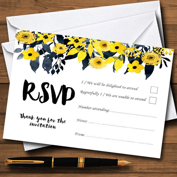 Watercolour Black & Yellow Floral Header Personalized RSVP Cards