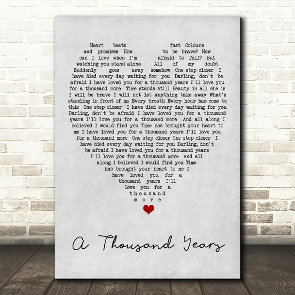 A Thousand Years Christina Perri Grey Heart Song Lyric Quote Print