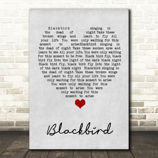 Blackbird The Beatles Grey Heart Song Lyric Quote Print