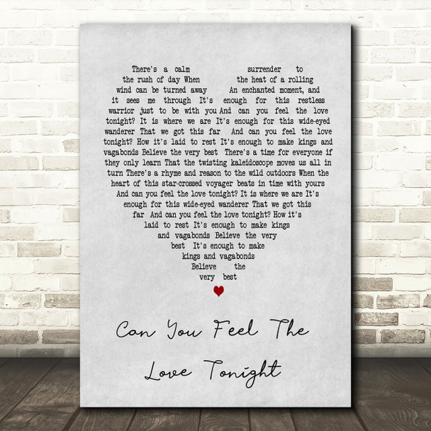 Can You Feel The Love Tonight Elton John Grey Heart Song Lyric Quote Print