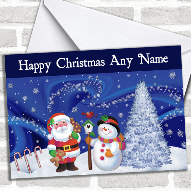 Blue Santa And Snowman Christmas Card Personalized