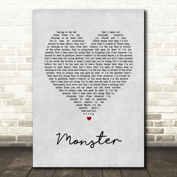 Gabbie Hanna Monster Grey Heart Song Lyric Quote Print