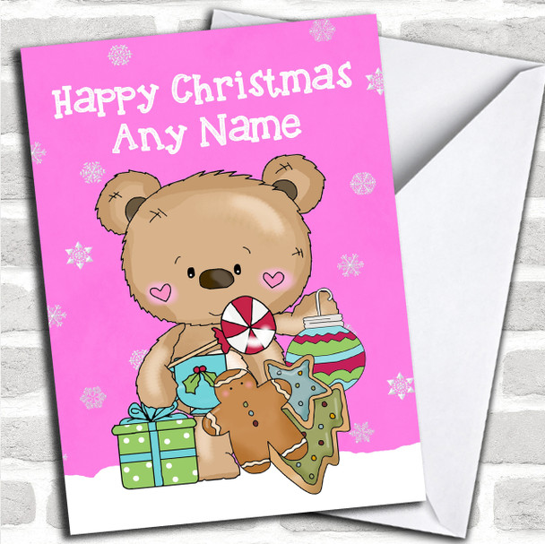 Watercolour Snowy Bear Pink Children's Personalized Christmas Card