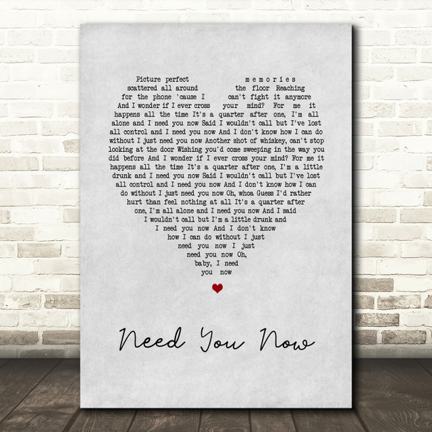 Lady Antebellum Need You Now Grey Heart Song Lyric Quote Print