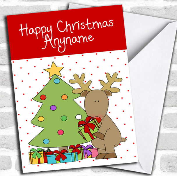 Spotty Reindeer Presents Under Tree Children's Personalized Christmas Card