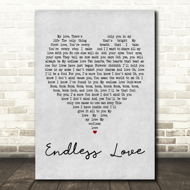 Lionel Richie & Mariah Carey Endless Love Grey Heart Song Lyric Quote Print