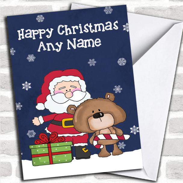 Snowflake Santa & Bear Blue Children's Personalized Christmas Card