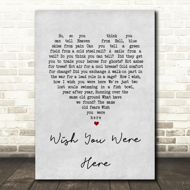 Pink Floyd Wish You Were Here Grey Heart Song Lyric Quote Print