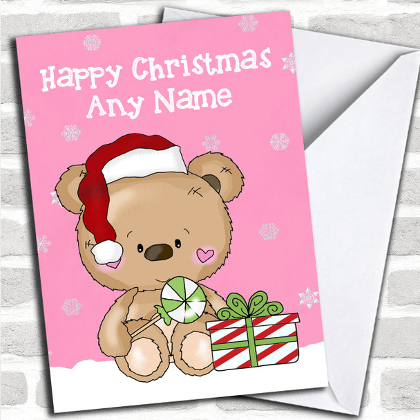 Snowflake Bear & Present Pink Children's Personalized Christmas Card