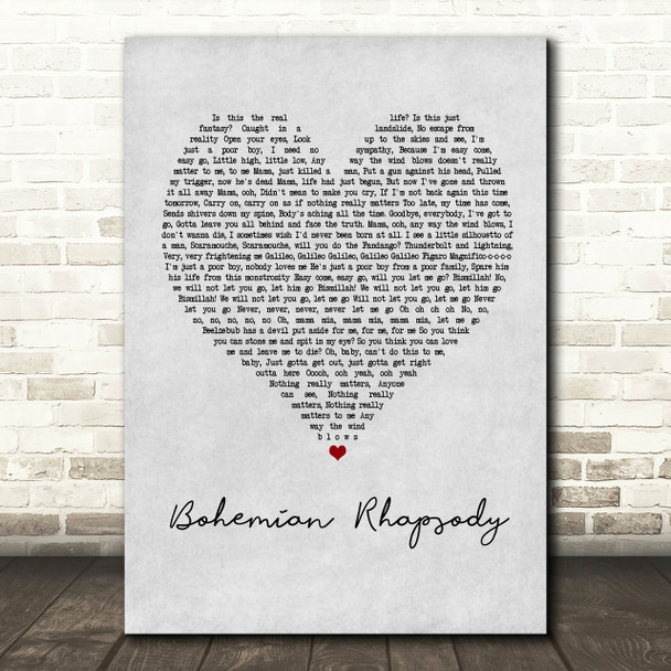 Queen Bohemian Rhapsody Grey Heart Song Lyric Quote Print