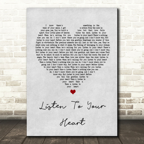 Roxette Listen To Your Heart Grey Heart Song Lyric Quote Print