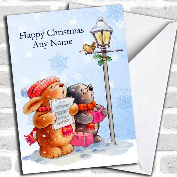 Carol Singing Rabbit & Mole Children's Personalized Christmas Card