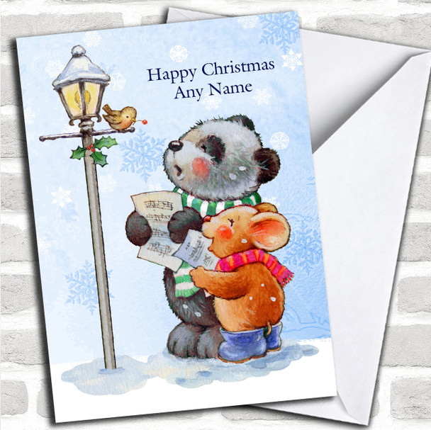 Carol Singing Panda & Mouse Children's Personalized Christmas Card