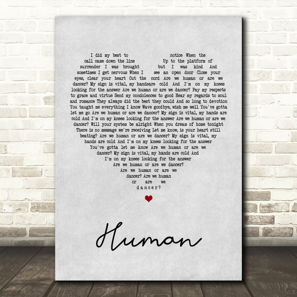 The Killers Human Grey Heart Song Lyric Quote Print