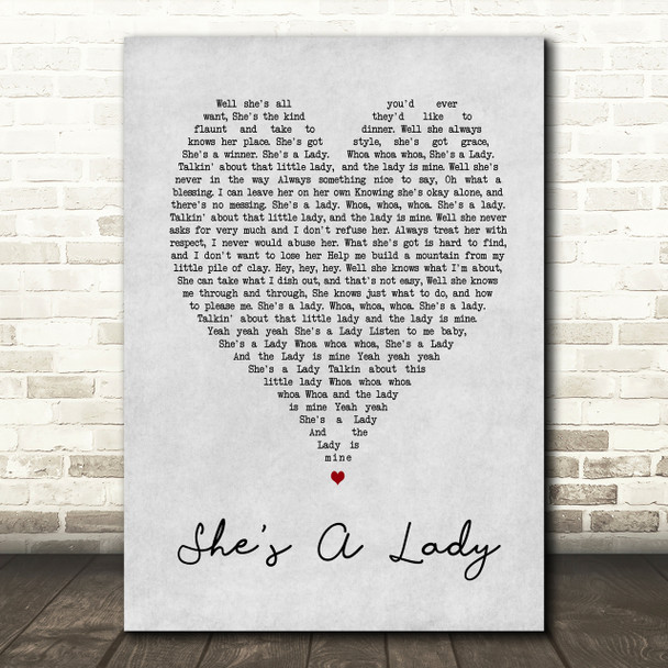Tom Jones She's A Lady Grey Heart Song Lyric Quote Print