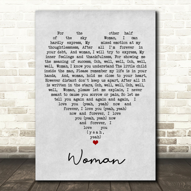 Woman John Lennon Grey Heart Song Lyric Quote Print