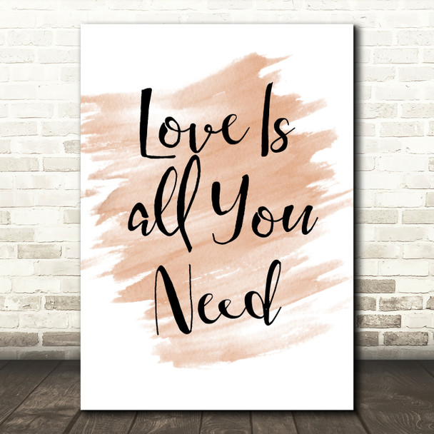 Watercolour Beatles Love Is All You Need Song Lyric Quote Print