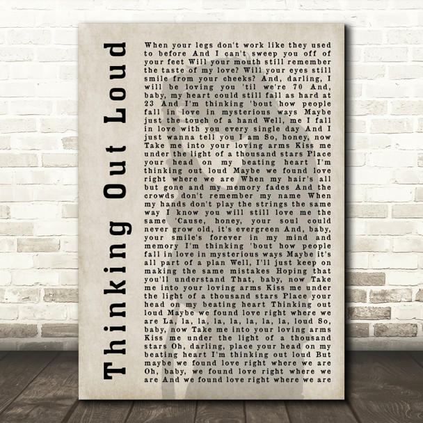 Ed Sheeran Thinking Out Loud Shadow Song Lyric Quote Print