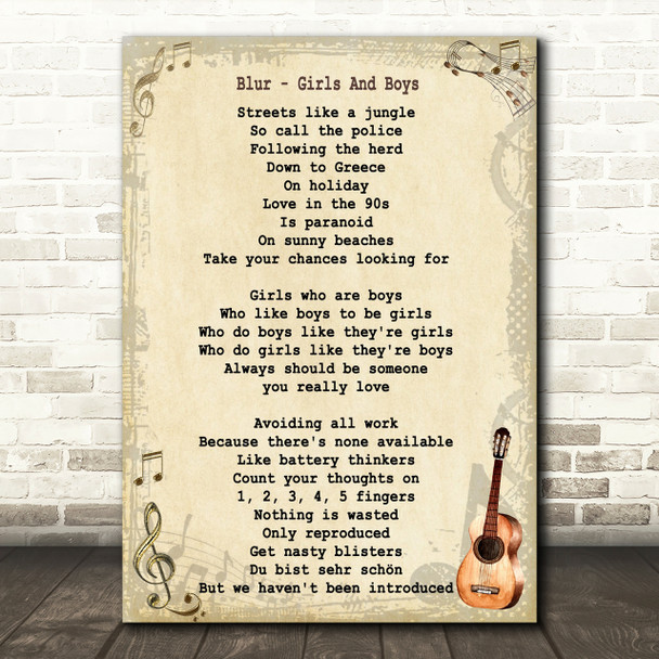 Blur Girls And Boys Song Lyric Vintage Quote Print