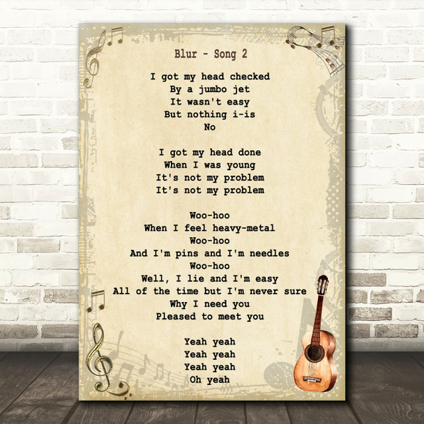 Blur Song 2 Song Lyric Vintage Quote Print