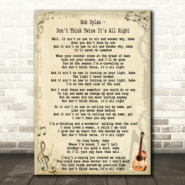 Bob Dylan Don't Think Twice It's Alright Art Print Wall Art A1 A2 A3 A4 A5  Music Father's Day Valentine's Day 