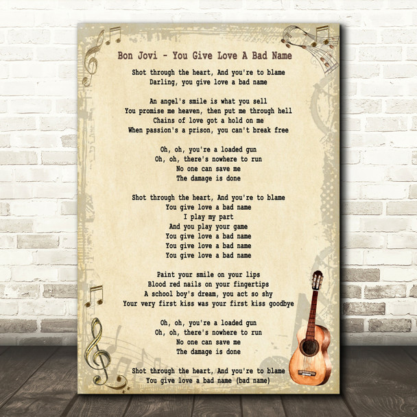 Bon Jovi You Give Love A Bad Name Song Lyric Quote Print